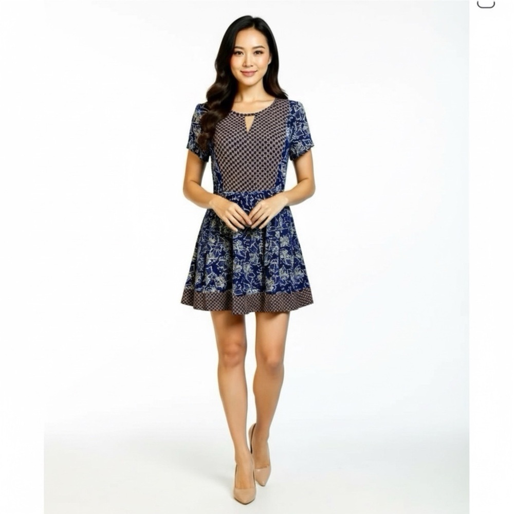 Esley Womens Boho Chic Dress Short Sleeve Navy Mixed Print Lined Mini Sz Large